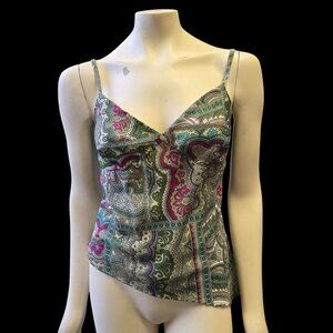 Vintage 90s Y2K Fairy Whimsigoth M Paisley Babydoll Tank Top Green Pink Asymmetr